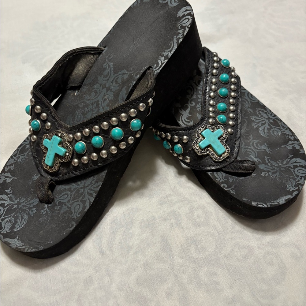 Black Sandals with Turquoise Cross Accents - Picture 2 of 4